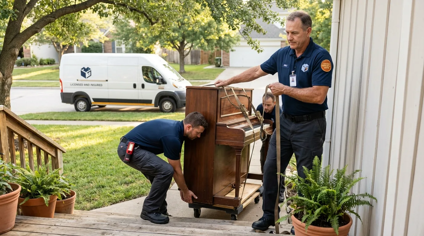 Licensed piano movers securing grand piano in Donaldsonville, LA