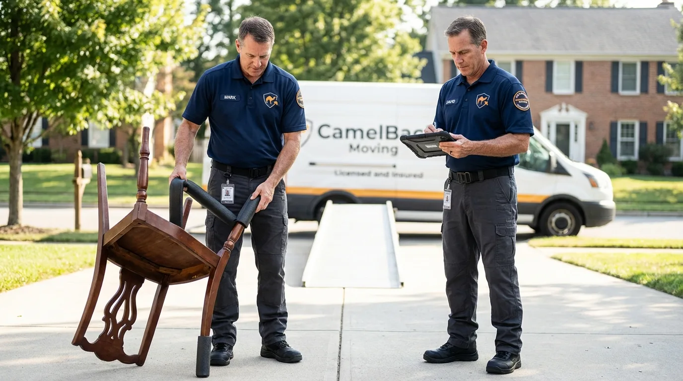 Movers inspecting furniture for damage prevention before loading in Donaldsonville, LA