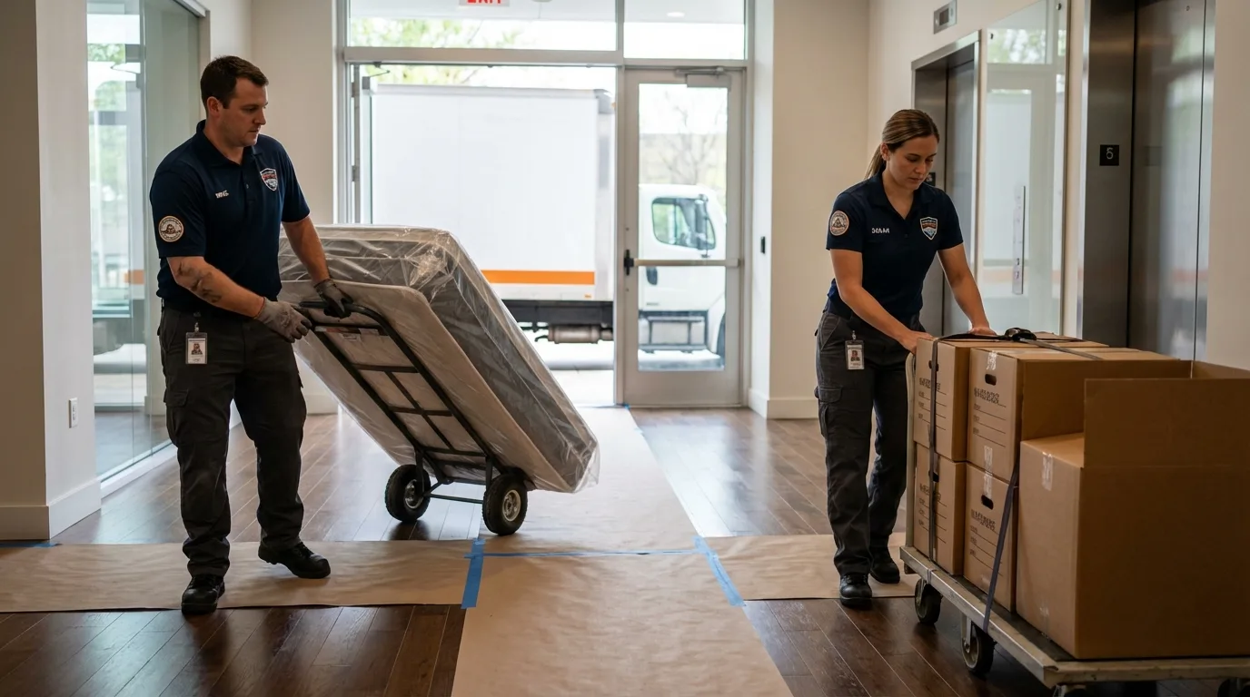 Professional apartment movers loading elevator in Donaldsonville, LA